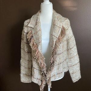 Chicos size 1 Knit Open Front Blazer Jacket Medium Beige Brown Fringe